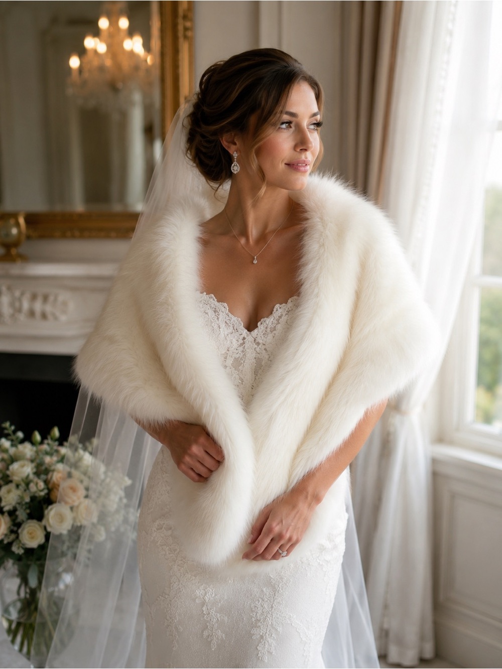 Elegant Ivory Faux Fur Bridal Stole Wedding Wrap Winter Bride Formal Shawl
